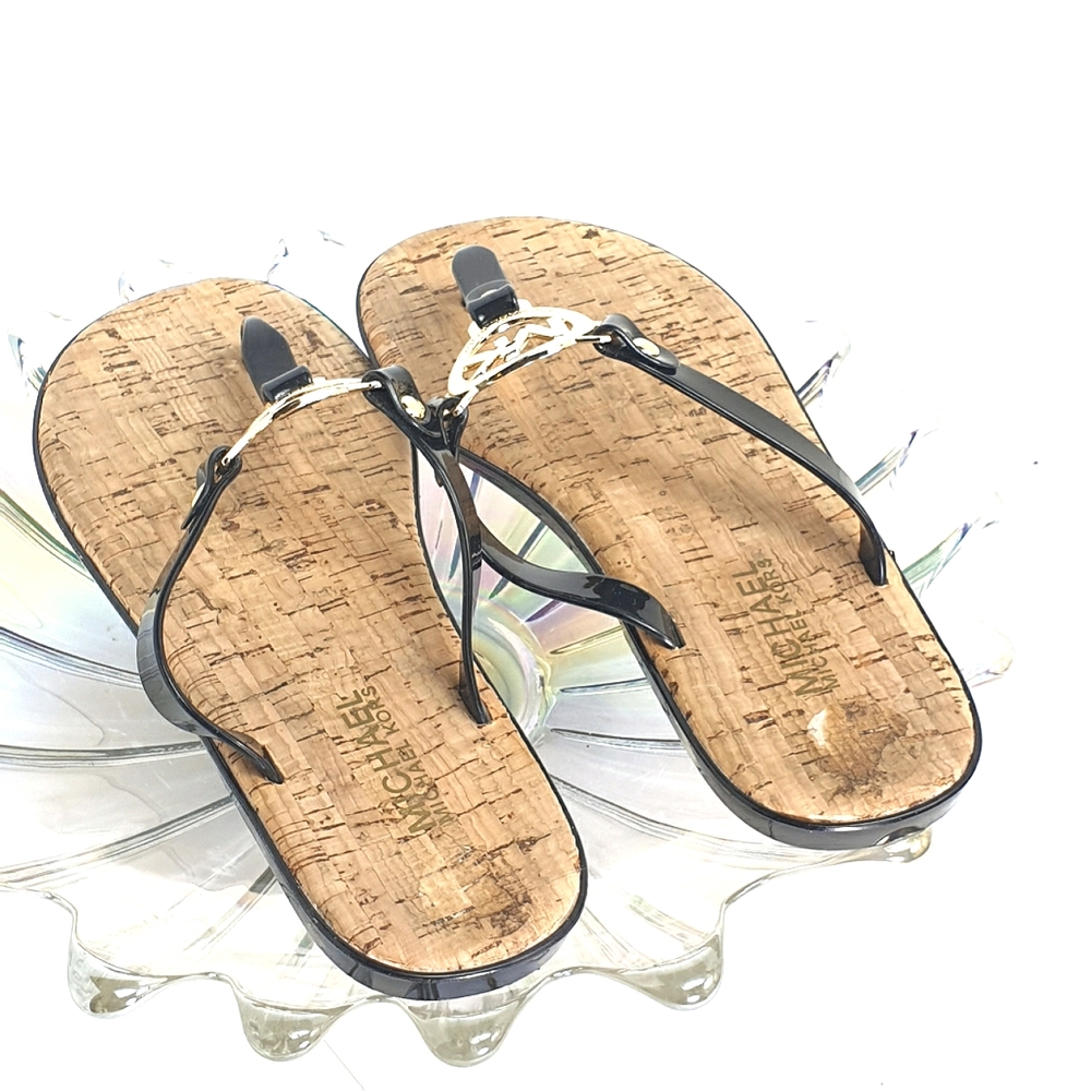 Michael MK jelly flats flip-flops gold tone logo slip-on size 7